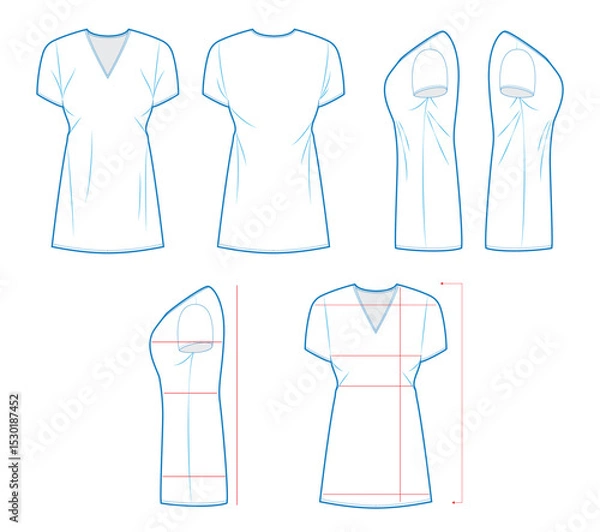 Fototapeta Clothes or T-Shirt Measurement Guide Template – Front, Back, Side Views with Sizing Lines for Online Shopping