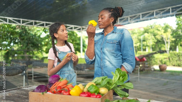 Fototapeta Smiling mom and daughter with a tray of fruit and vegetable