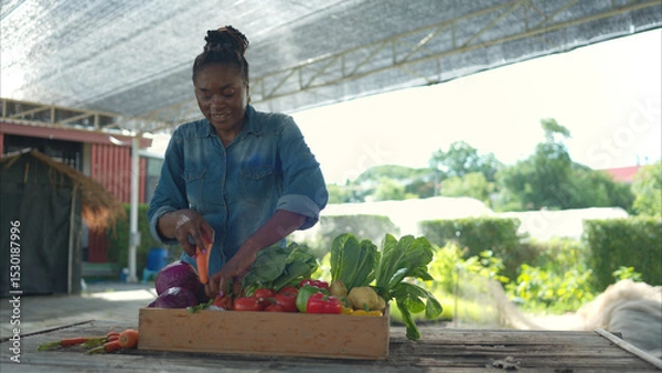 Fototapeta Portrait of woman with a tray of fruit and vegetable, enjoying a day of learning