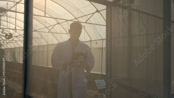 Fototapeta A scientist in a lab coat uses a tablet inside a greenhouse
