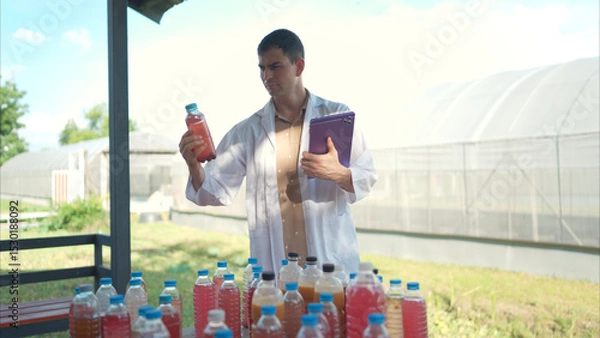 Fototapeta A researcher in a lab coat uses a tablet to inspect colorful liquid samples