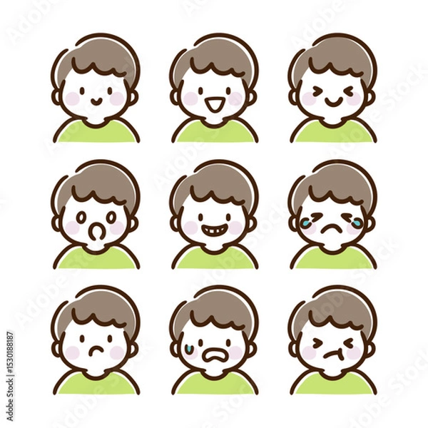 Fototapeta かわいい男の子の上半身の表情イラストセット（カラー）