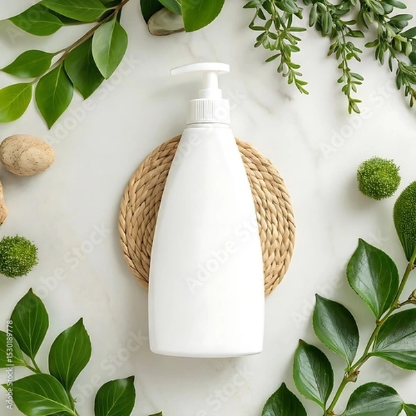 Obraz A clean, overhead flat lay showcases a white pump bottle of lotion or soap on a round woven mat, surrounded by an assortment of fresh green leaves, moss balls, and natural elements a use as mock up, 