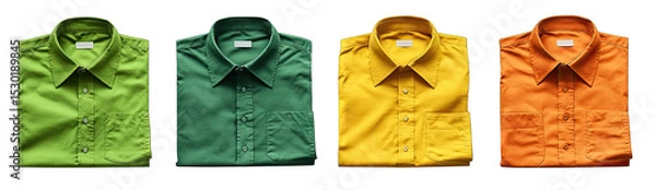 Obraz Four Folded Men's Shirts In Green Light Green Yellow And Orange Colors Arranged In A Row On Transparent Background