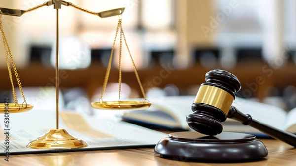 Obraz Gavel resting on legal documents with open law book, symbolizing justice, court trial, legal dispute resolution and copyright law concept.