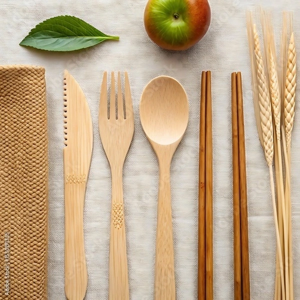 Obraz 
A flat lay composition displays a sustainable bamboo cutlery set, including a knife, fork, spoon, and chopsticks, alongside a woven case, a fresh green leaf, a bi-colored apple, and use for mock up, 