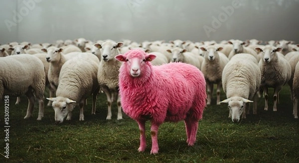 Obraz Fluffy pink sheep in a herd of white ones, vivid wool texture, soft lighting, surreal yet cozy atmosphere, symbol of standing out and being different in gentle har.