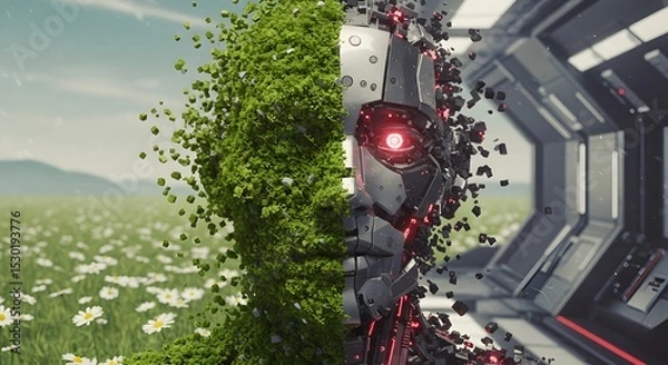 Fototapeta Voxel Portrait Harmony Between Nature and Technology