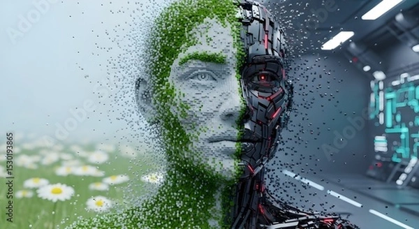 Fototapeta Voxel Portrait Harmony Between Nature and Technology