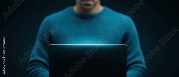 Obraz Tech enthusiast engaged with laptop modern workspace digital interaction urban environment close-up view innovation in technology