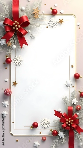 Obraz Festive Red Ribbon Christmas Frame Background with Ornaments, Snowflakes, and Evergreen Decorations for Holiday Cards, Invitations, and Seasonal Promotions.
