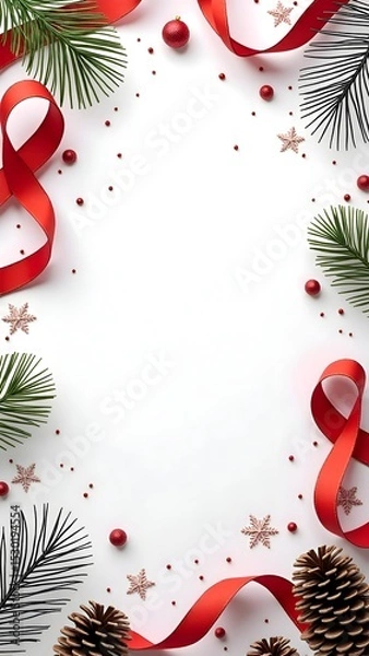 Obraz Festive Red Ribbon Christmas Frame Background with Ornaments, Snowflakes, and Evergreen Decorations for Holiday Cards, Invitations, and Seasonal Promotions.
