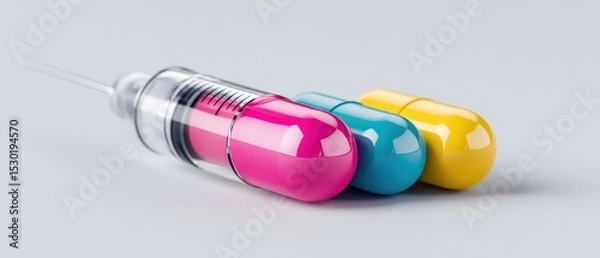 Obraz Medical action colorful capsules in focus laboratory setting pharmaceutical product photography clean environment close-up view