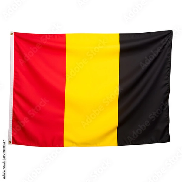 Fototapeta Belgium flag vertical stripes, black yellow red, fabric texture, no flagpole, isolated on white background, European photography