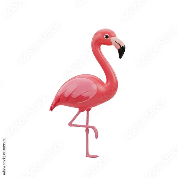Fototapeta Pink Cartoon Flamingo Standing on One Leg in White Background
