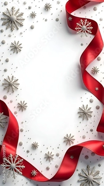 Obraz Festive Red Ribbon Christmas Frame Background with Ornaments, Snowflakes, and Evergreen Decorations for Holiday Cards, Invitations, and Seasonal Promotions.
