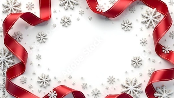 Obraz Festive Red Ribbon Christmas Frame Background with Ornaments, Snowflakes, and Evergreen Decorations for Holiday Cards, Invitations, and Seasonal Promotions.
