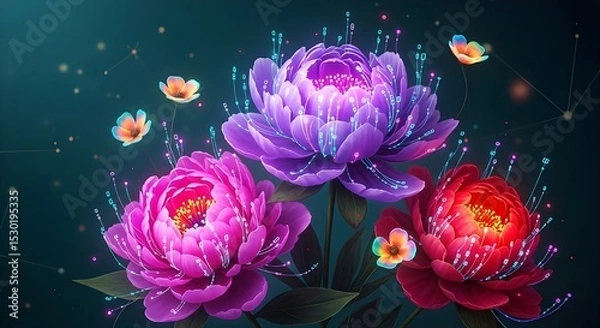 Fototapeta Cyberpunk Floral Still Life with Glowing Peonies and Circuit Petals