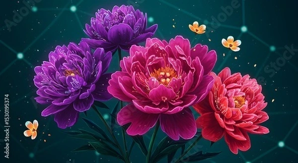 Fototapeta Cyberpunk Floral Still Life with Glowing Peonies and Circuit Petals