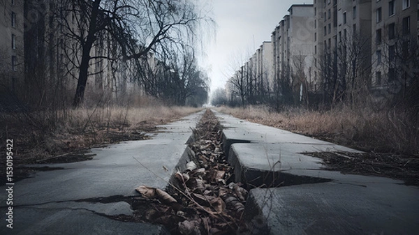 Obraz The scene features a desolate concrete pathway, decaying leaves, and sparse grass, contrasting with Soviet-style apartment blocks and a bleak, post-apocalyptic urban atmosphere, emphasizing a low pers
