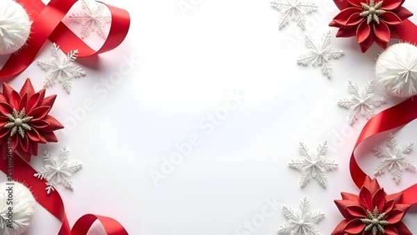 Obraz Festive Red Ribbon Christmas Frame Background with Ornaments, Snowflakes, and Evergreen Decorations for Holiday Cards, Invitations, and Seasonal Promotions.
