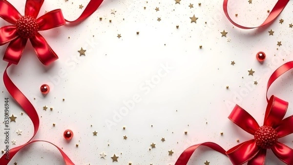 Obraz Festive Red Ribbon Christmas Frame Background with Ornaments, Snowflakes, and Evergreen Decorations for Holiday Cards, Invitations, and Seasonal Promotions.

