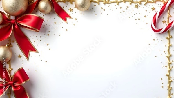 Obraz Festive Red Ribbon Christmas Frame Background with Ornaments, Snowflakes, and Evergreen Decorations for Holiday Cards, Invitations, and Seasonal Promotions.
