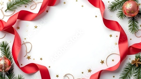 Obraz Festive Red Ribbon Christmas Frame Background with Ornaments, Snowflakes, and Evergreen Decorations for Holiday Cards, Invitations, and Seasonal Promotions.
