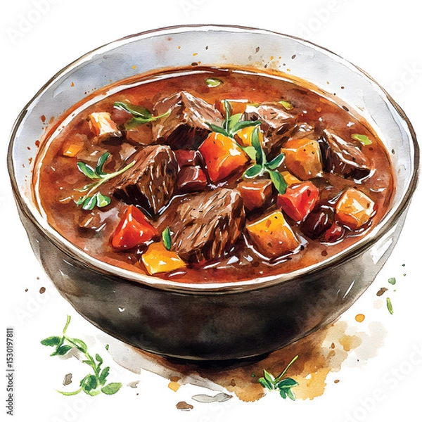 Fototapeta A watercolor painting of a bowl of Hungarian goulash, a rich stew with chunks of meat and vegetables like potatoes and carrots, garnished with fresh herbs.