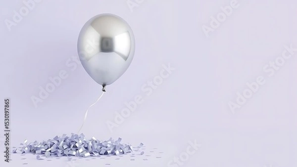 Obraz Single Silver Metallic Balloon with Scattered Confetti on a Soft Lavender Background - Elegant Celebration and Party Decor