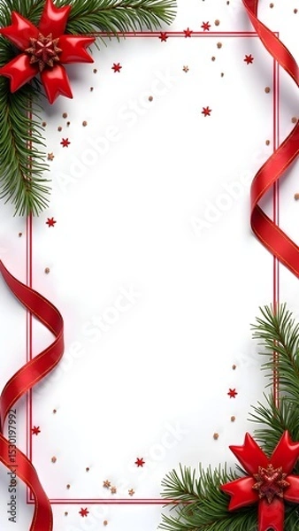 Obraz Festive Red Ribbon Christmas Frame Background with Ornaments, Snowflakes, and Evergreen Decorations for Holiday Cards, Invitations, and Seasonal Promotions.
