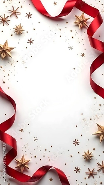 Obraz Festive Red Ribbon Christmas Frame Background with Ornaments, Snowflakes, and Evergreen Decorations for Holiday Cards, Invitations, and Seasonal Promotions.
