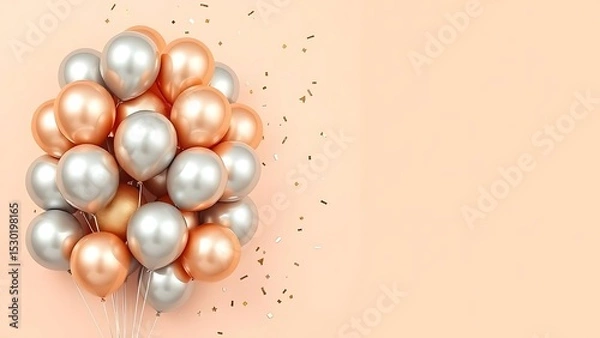 Obraz Elegant Bunch of Rose Gold and Silver Metallic Balloons with Confetti on a Soft Peach Background – Ideal for Celebrations, Anniversaries, and Festive Events