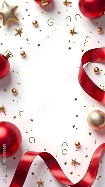 Obraz Festive Red Ribbon Christmas Frame Background with Ornaments, Snowflakes, and Evergreen Decorations for Holiday Cards, Invitations, and Seasonal Promotions.
