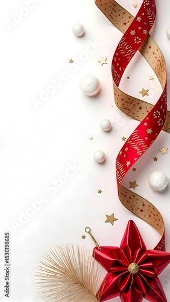 Obraz Festive Red Ribbon Christmas Frame Background with Ornaments, Snowflakes, and Evergreen Decorations for Holiday Cards, Invitations, and Seasonal Promotions.
