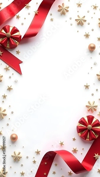 Obraz Festive Red Ribbon Christmas Frame Background with Ornaments, Snowflakes, and Evergreen Decorations for Holiday Cards, Invitations, and Seasonal Promotions.
