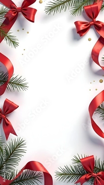 Obraz Festive Red Ribbon Christmas Frame Background with Ornaments, Snowflakes, and Evergreen Decorations for Holiday Cards, Invitations, and Seasonal Promotions.
