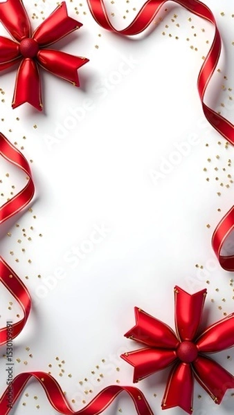 Obraz Festive Red Ribbon Christmas Frame Background with Ornaments, Snowflakes, and Evergreen Decorations for Holiday Cards, Invitations, and Seasonal Promotions.
