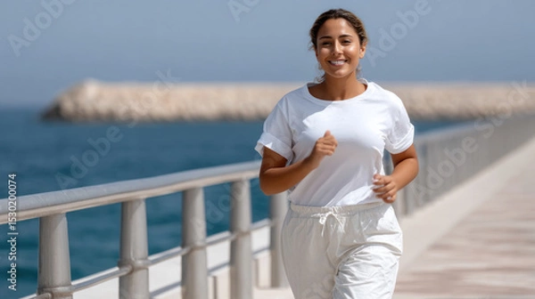 Fototapeta An overweight Arabian woman doing workout running a diet program