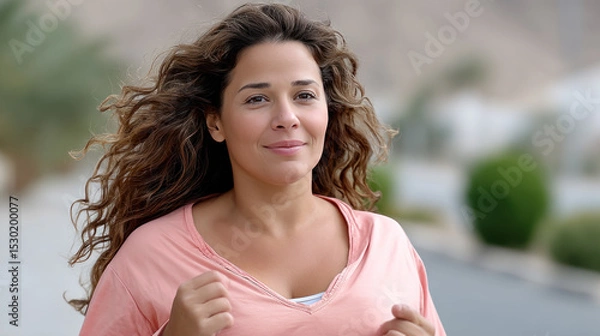 Fototapeta An overweight Arabian woman doing workout running a diet program