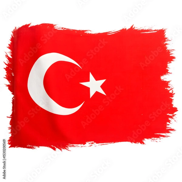 Fototapeta Turkey flag red field, white crescent star, fabric texture, no flagpole, isolated on white background, Middle Eastern photography