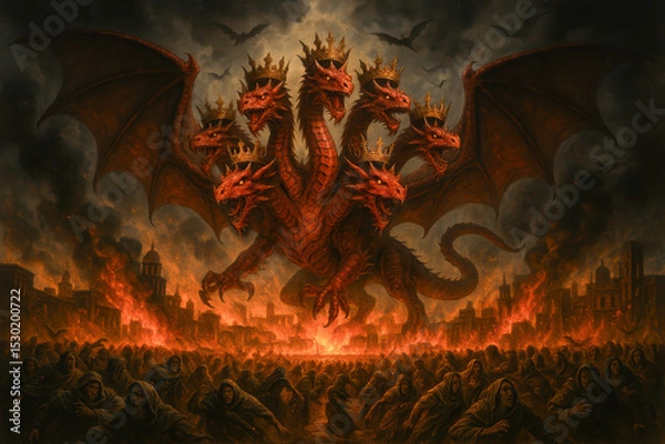 Obraz Seven-Headed Dragon with Crowns Over Burning City – Biblical End Times Prophecy of Revelation and Apocalyptic Destruction