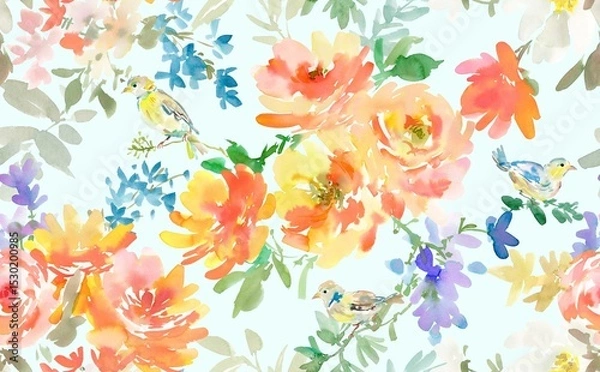 Obraz Seamless pattern of abstract orange peonies, birds and wild flowers painted in watercolor. Floral wallpaper pattern in watercolor. Spring and summer  botanical textile design for wedding invitations.