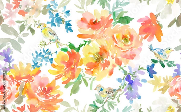 Obraz PNG seamless pattern of abstract orange peonies, birds and wild flowers painted in watercolor.Hand painted  Floral wallpaper. Spring and summer botanical textile design with transparent background.