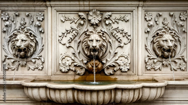 Obraz The image showcases a classically designed stone wall fountain with intricately carved lion-head spouts and ornamental patterns, evoking historical European elegance and craftsmanship, crafted from ag