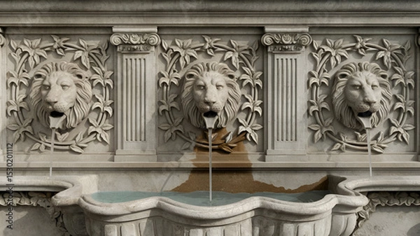 Obraz The image showcases a classically designed stone wall fountain with intricately carved lion-head spouts and ornamental patterns, evoking historical European elegance and craftsmanship, crafted from ag