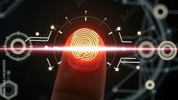Fototapeta Glowing Orange Fingerprint Scan for Biometric Authentication, Symbolizing Artificial Intelligence, Data Security, and Identity Verification