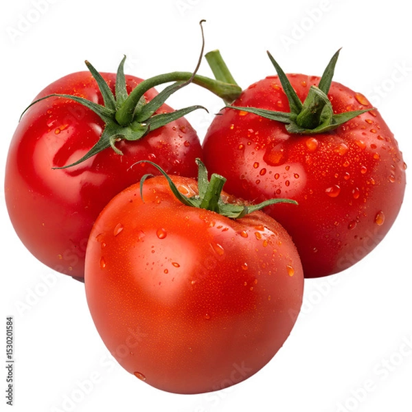 Fototapeta Vibrant, ripe red tomatoes isolated on transparent background for food packaging, restaurant menus, and healthy eating
