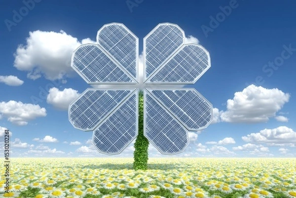 Fototapeta Stylized solar panels arranged to create a dazzling flower form in a vibrant landscape