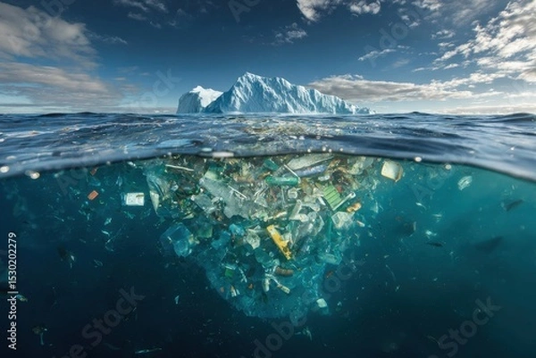 Fototapeta Trash Accumulation Under Iceberg Near Coral Reef in Marine Environment